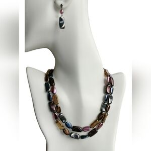 Vintage Czech Beaded Necklace Earrings set Purple Bronze